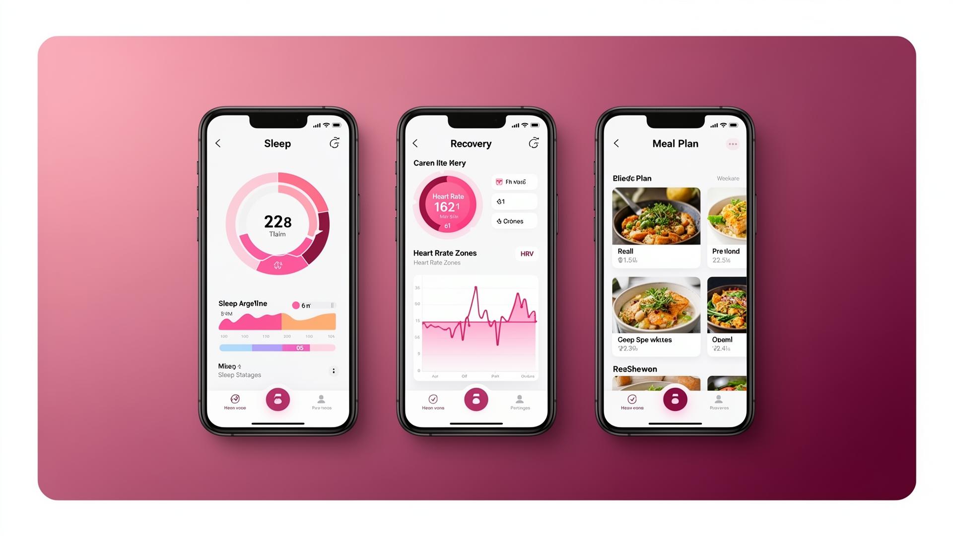 Três telas do App WeFit: sono, recuperação e plano alimentar